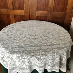 Circular Green Tablecloth with white lace overlay
