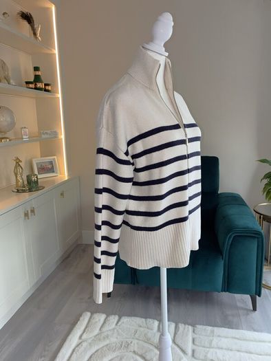 Zara Ladies Beige and Navy Striped Cardigan