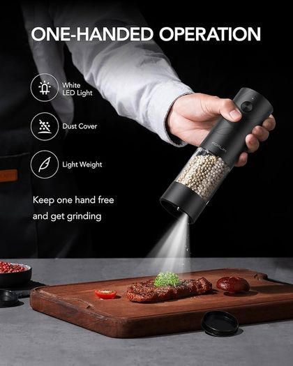 Rechargeable Electric Salt and Pepper Grinder Set, Salt and Pepper Mill with Ceramic Grind, Dust Cover with One-Button Control, Adjustable Coarseness, LED Light, for Home & Kitchen, Black&White