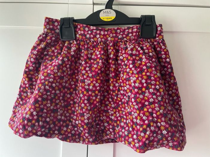Ditsy pattern pink purple green white yellow corduroy skirt