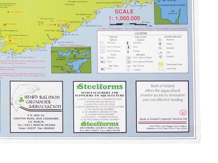 Bord Iascaigh Mhara Irish Aquaculture/Fishing/Fish Farms B2 Size Map/Poster 1989