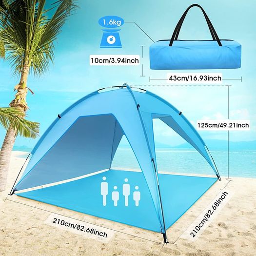 Beach Tent 4-6 Person, Portable Sun Shelter, Including Carry Bag and Tent Pegs, UV Protection Shade Cover for Beach, Garden, Camping