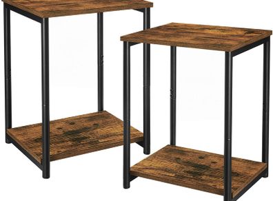 _Set of 2 Bedside Tables Bedside Tables 2 Tier Bedroom Steel Frame Living Room Bedroom Industrial Style Vintage Brown Black