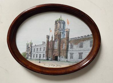 This piece is a signed print or reproduction featuring University College Galway (now known as the University of Galway).