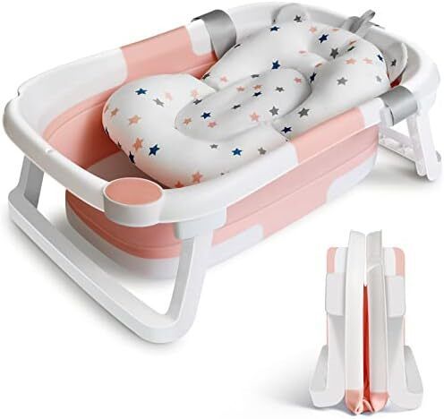 Baby Bath Tub Foldable Bathtub, Newborn Baby Plastic Bathtub with cushion pad Foldable Anti-Slip legs Collapsible tub for Toddler Baby kids Bathing