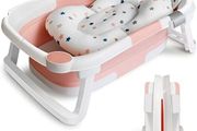 Baby Bath Tub Foldable Bathtub, Newborn Baby Plastic Bathtub with cushion pad Foldable Anti-Slip legs Collapsible tub for Toddler Baby kids Bathing