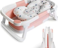 Baby Bath Tub Foldable Bathtub, Newborn Baby Plastic Bathtub with cushion pad Foldable Anti-Slip legs Collapsible tub for Toddler Baby kids Bathing