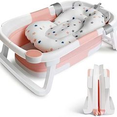 Baby Bath Tub Foldable Bathtub, Newborn Baby Plastic Bathtub with cushion pad Foldable Anti-Slip legs Collapsible tub for Toddler Baby kids Bathing