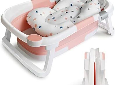 Baby Bath Tub Foldable Bathtub, Newborn Baby Plastic Bathtub with cushion pad Foldable Anti-Slip legs Collapsible tub for Toddler Baby kids Bathing