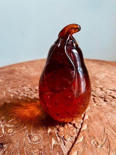 Large Vintage Amber Art Glass Pear Paperweight Hand Blown Bubble Glass Autumn Decor