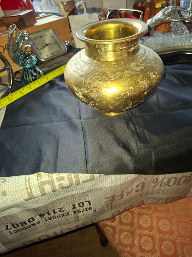 Antique Brass Lota Holy Water Pot, features intricate hand-etched foliage engravings, Postage Available or Collection