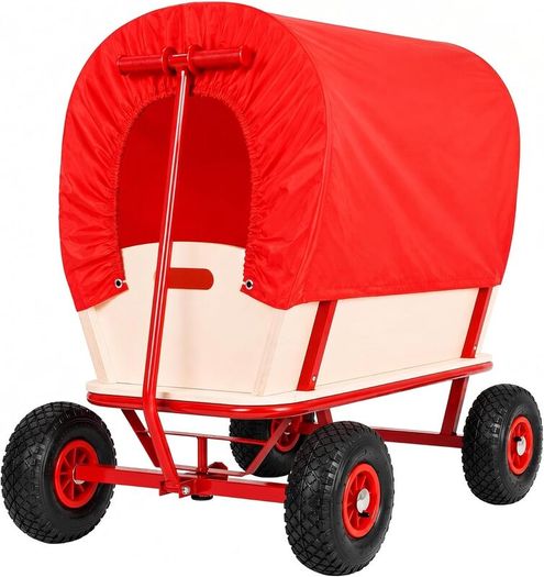 Handcart heavy duty  holds  up to 180 kg Handcart Wood up to 180 kg 4 Profile Pneumatic Tyres Hand Trolley Transport Trolley All-Round Steel Tube Frame Red Garden Trolley