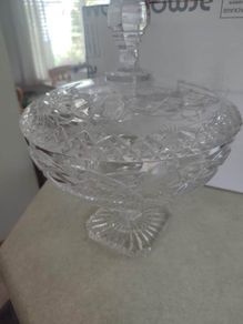 REAR  vintage GALWAY trinity knot  large Vintage Cut crystal pedestal bowl, heavy lead crystal and lid
