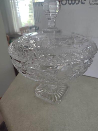 REAR  vintage GALWAY trinity knot  large Vintage Cut crystal pedestal bowl, heavy lead crystal and lid