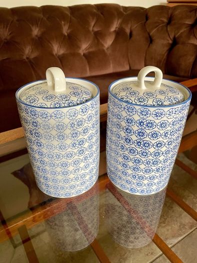 Nicola Spring Hand Printed Kitchen Canisters   Blue and White