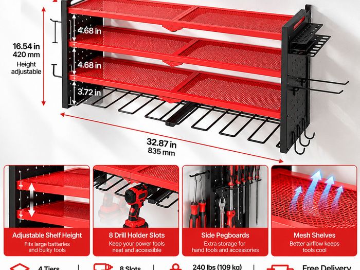 Heavy Duty Wall Mounted Power Tool Organiser  4 Tier Garage Storage Rack with 8 Drill Holders