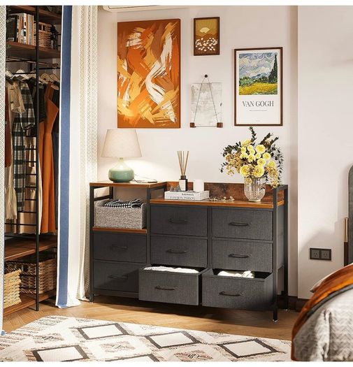 Chest of Drawers Bedroom, 8 Fabric Drawers, Retro Color, 30x132x88cm Contains 2 USB & 2 AC Ports Sockets, Storage Dresser with 8 Fabric Drawers Suitable for Bedrooms, Living Rooms