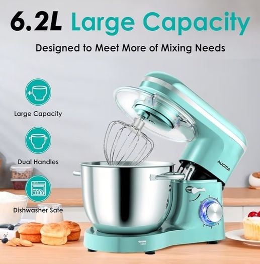 6.2L Food Mixer, Electric Kitchen Mixer with Bowl, Dough Hook, Wire Whip & Beater 6.2L, Blue