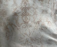 20 metre roll of blue/grey velvet with distressed French print in antique taupe upholstery fabric.