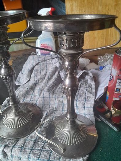 vintage pair of silver plate lamps