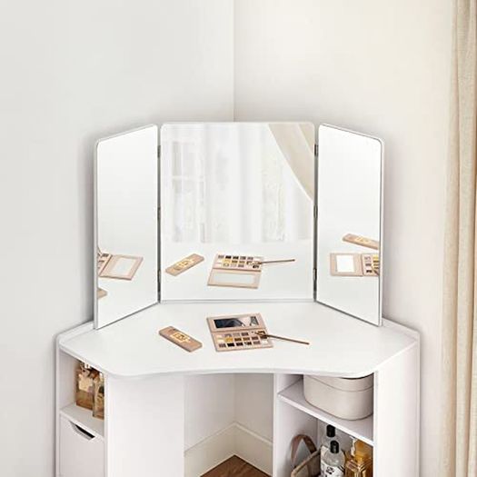 _Dressing table, corner dressing table, dressing table, cosmetic table, 3-part folding mirror, 2 drawers, 3 open compartments, 110 x 54 x 140 cm, modern, white