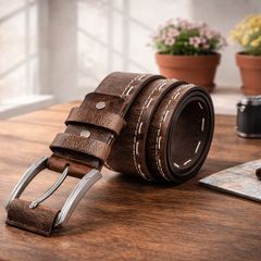 Women Brown Leather Belt Vintage Stitch Detail Genuine Leather Belt for Jeans Casual & Western Style