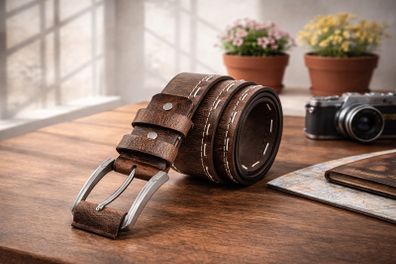 Women Brown Leather Belt Vintage Stitch Detail Genuine Leather Belt for Jeans Casual & Western Style