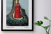 Drone view close-up Poolbeg Lighthouse, Dublin. Large framed print by artist Helen Mathews. 43cm x 53cm.