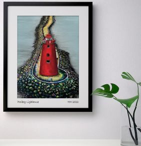 Drone view close-up Poolbeg Lighthouse, Dublin. Large framed print by artist Helen Mathews. 43cm x 53cm.