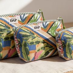 Brand New 3-Piece Hand-Block Print Quilted Cosmetic Bag Set, Nesting Travel Pouches, Cotton Toiletry Organiser