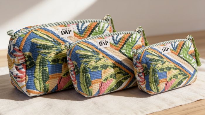 Brand New 3-Piece Hand-Block Print Quilted Cosmetic Bag Set, Nesting Travel Pouches, Cotton Toiletry Organiser