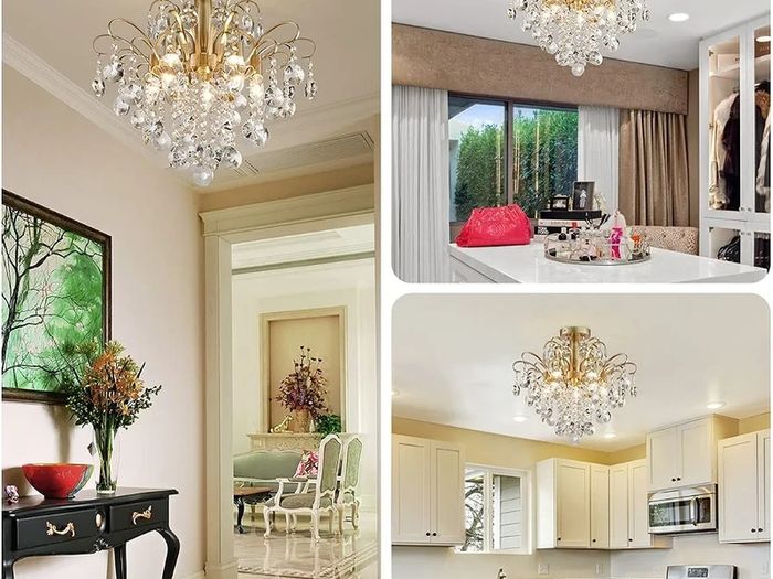 Crystal Chandelier Flushmount Ceiling Light Modern Lighting Fixture for Bedroom Hallway Bar Kitchen Bathroom, H 45 x W 50, E14 Base, Gold
