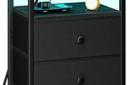 Bedside Table with LED Light, Small Side Table with Charging Station, Nightstand with 2 Fabric Drawers and Open Storage Shelf, Bedside Cabinet for Living Room, Bedroom, Black