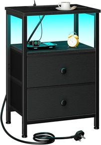 Bedside Table with LED Light, Small Side Table with Charging Station, Nightstand with 2 Fabric Drawers and Open Storage Shelf, Bedside Cabinet for Living Room, Bedroom, Black