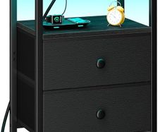 Bedside Table with LED Light, Small Side Table with Charging Station, Nightstand with 2 Fabric Drawers and Open Storage Shelf, Bedside Cabinet for Living Room, Bedroom, Black
