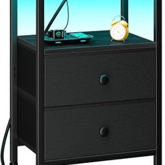 Bedside Table with LED Light, Small Side Table with Charging Station, Nightstand with 2 Fabric Drawers and Open Storage Shelf, Bedside Cabinet for Living Room, Bedroom, Black