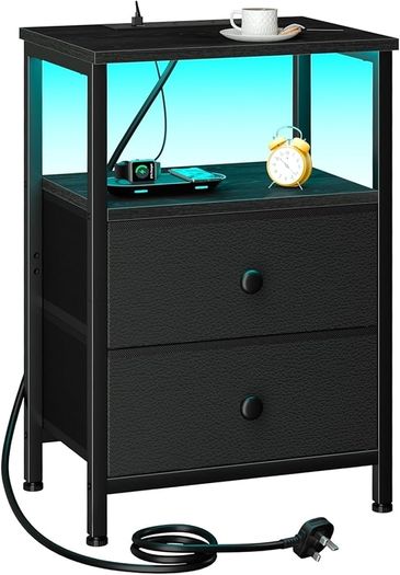 Bedside Table with LED Light, Small Side Table with Charging Station, Nightstand with 2 Fabric Drawers and Open Storage Shelf, Bedside Cabinet for Living Room, Bedroom, Black