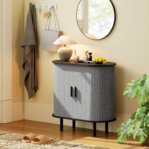 Fluted Sideboard with Tambour Sliding Doors, Modern Storage Cabinet, Kitchen Cupboard with Storage Shelves and Wooden Legs for Living Room, Dining Room, Grey