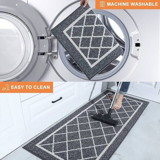 Kitchen-Rugs-Non-Slip-Kitchen-Mats-for-Floor Machine Washable Kitchen Mats 2 Pieces Grey Kitchen Runner Carpet with TPR Backing, Rolled Packaging, 60X89cm+60X152cm