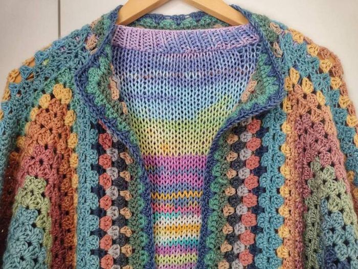 Crocheted colourful hexagon jacket