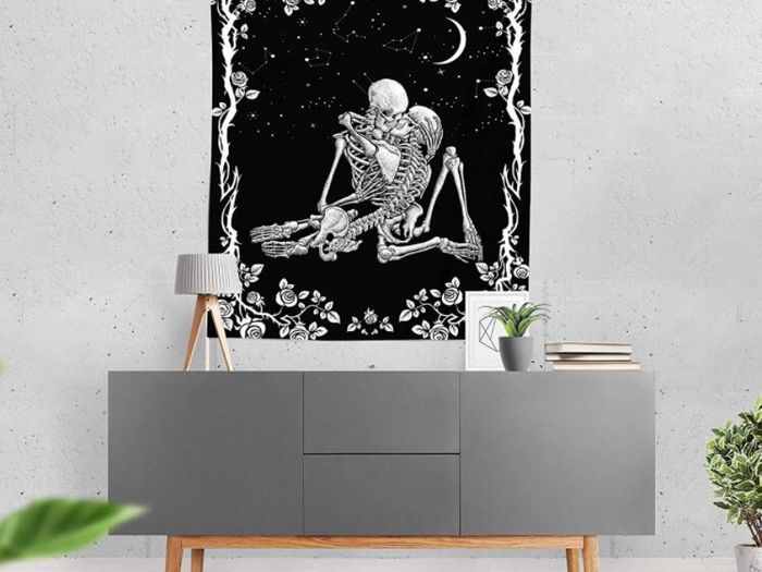 Skull Tapestry, The Kissing Lovers Black and White Tapestries, Moon and Starry Stars Floral Tapestry (MULTIPLE SIZES)