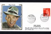 1977 Spain Silk style cover celebrating the life of Bing Crosby (Harry Lillis Crosby) who was born on 2nd May 1904 and dues in Madrid Spain while playing golf tying definitive stamp