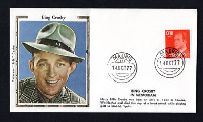1977 Spain Silk style cover celebrating the life of Bing Crosby (Harry Lillis Crosby) who was born on 2nd May 1904 and dues in Madrid Spain while playing golf tying definitive stamp