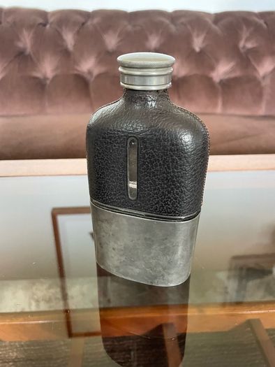Edwardian Pewter Glass and Leather Gentlemans Hip Flask