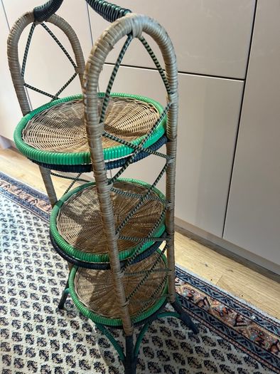 Vintage three-tier wicker and rattan display stand