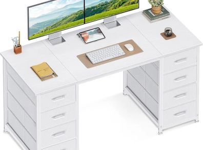 Computer Desk with Drawers, 120x48cm Modern Office Desk with Storage, Small Study Table for Home Office, White