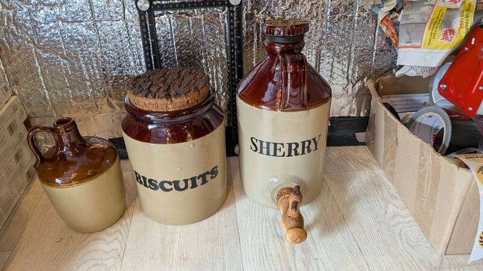 Vintage Pearsons of Chesterfield Stoneware Kitchen Set, Biscuits Jar, Sherry Dispenser and jar