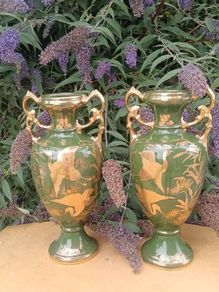 A Pair of 16 Inch Gold Gilded Asian Vases( Circa 1910)