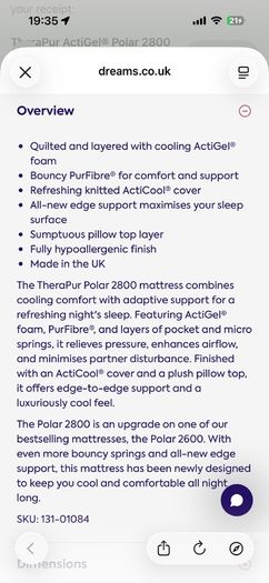 Nearly new Dreams TheraPur ActiGel Polar 2800 super king mattress