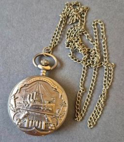 Quartz Vintage Style Pocket Watch, ussr cruiser Aurora commerative.